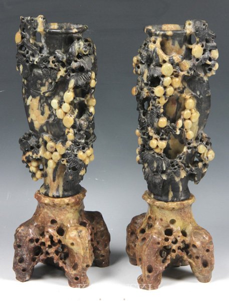 Two (2) 20th C. Soapstone Vases: Two (2) soapstone vases, 20th century, carved with protruding pierced design, consisting of two parts, 9 1/2"h.