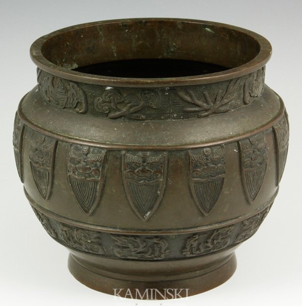19th C. Japanese Bronze Censer: Censer, Japan, 19th century, bronze, with bats and dragon border design, old patina, 6" x 7".