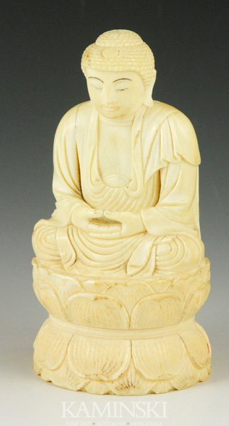 Antique Japanese Ivory Buddha: Carved sitting Buddha, Japan, antique, ivory, 4"h x 2 1/4".