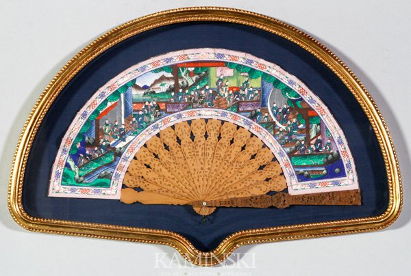 19th C. Chinese Painted Fan: Hand painted fan, China, 19th century, having painted ivory faces with carved sandlewood handle, decorated with painted court scenes, in gold framed shadow box, 16 1/2" x 25".