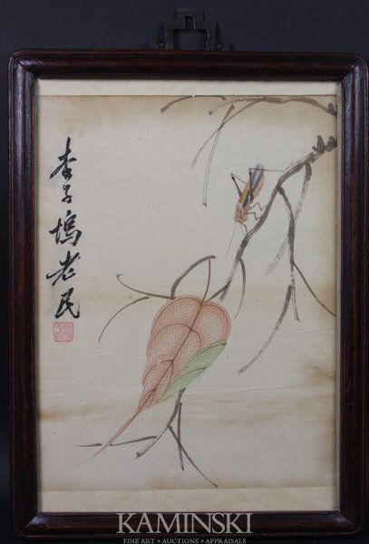 Ink Drawing: Ink Drawing, China, early 20th century, on paper, of a grasshopper on a branch, signed Qibaishi, framed, 15 1/2" x 9 1/2" (sight), 15" x 11" (frame), undamaged.