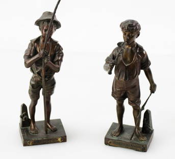 Adolphe Jean Lavergne, Cast Bronze Boys: Adolphe Jean Lavergne (1852-1901), cast bronze boys "Charmeur de Lezards" and "Pecheur", 7" H. Provenance: Swampscott, Massachusetts collection.