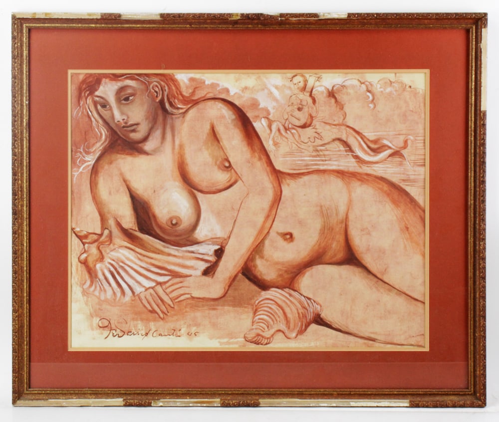 Federico Cantu, Pink Nude with Shells: Federico Cantu (Mexican, 1907-1989), "Desnuda Rosada Con Caracolas" (pink nude with shells), gouache on paper, signed and dated 45 L/L, 18 3/4" x 23 3/4" (view), framed and under glass 27" x 32". Gilt