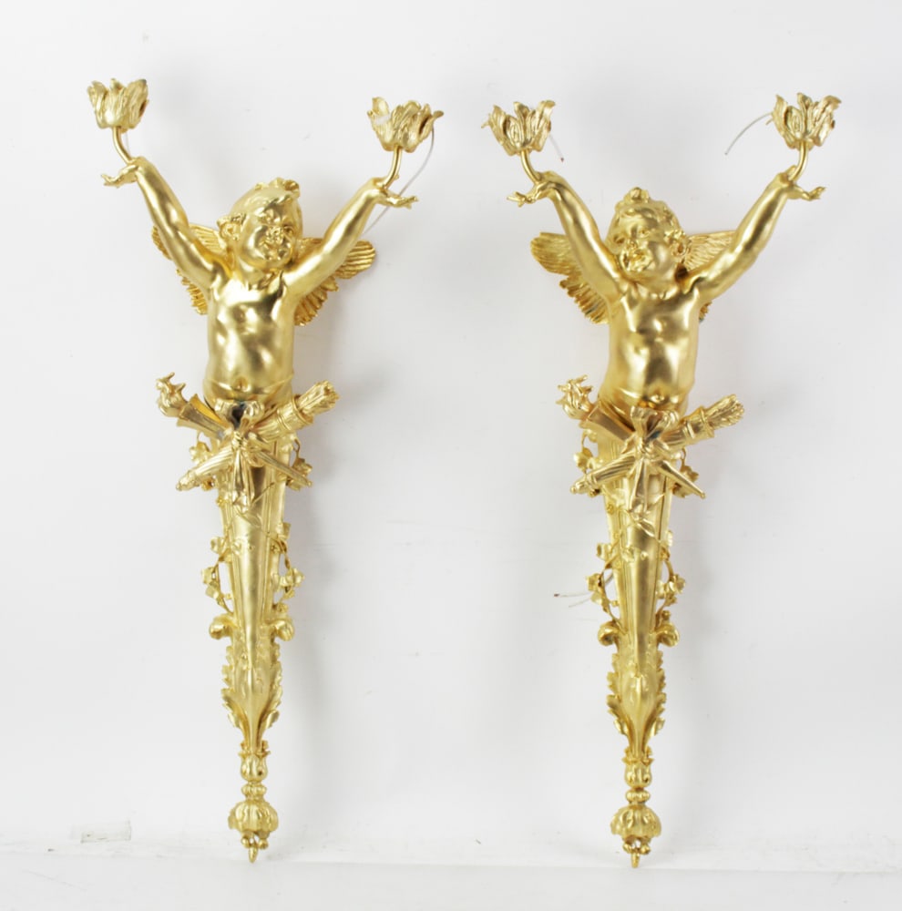 Pair of French Dore Bronze Sconces with Cherubs (1 of 9)