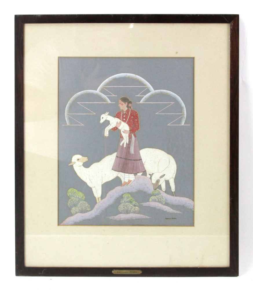 Harrison Begay, Navajo Girl with Sheep, Mixed Media (1 of 6)