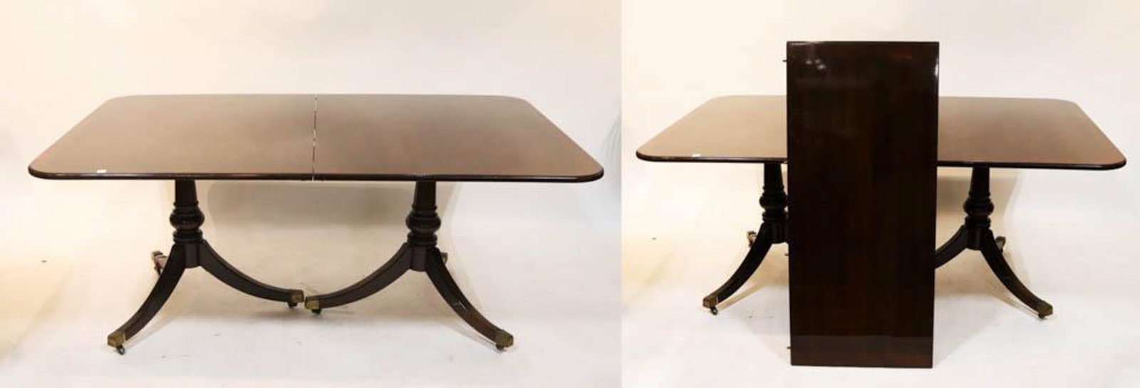 Dining Table, Double-Pedestal: Dining table, double-pedestal, 32" H x 70" L x 45" D with one leaf. Provenance: Palm Beach, Florida estate.