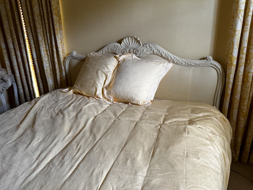 Painted and Upholstered Headboard: Painted and upholstered headboard, 51 1/2" x 78". Provenance: Palm Beach, Florida estate.