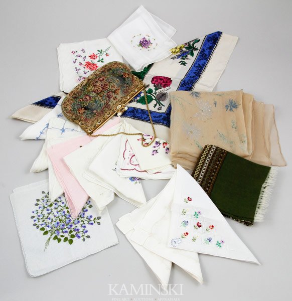 Lot of Scarves, Handkerchiefs and Handbag: Vintage petit point hand bag, made in Austria, 5 1/2"h x 8 1/2"w; 3 scarves, 14 handkerchiefs with assorted embroidery and patterns.