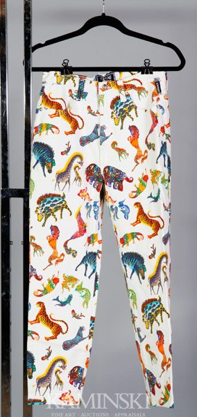 Pair of Versace Jeans Couture Pants: Versace Jeans Couture, pants, cotton and spandex blend, white with multi-color animal print, made in Italy, front zip and button closure, size 34/48.