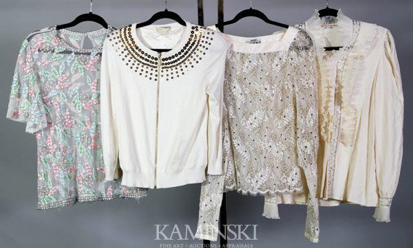 4 Embellished Designer Tops: One Emanuel Ungaro, Paris, silk shell with lace overlay, size 36, one Byblos, Italy, silk polyester blend, button-up blouse with ruffle detail, one Michael Kors, cotton blend cardigan with gold sequin