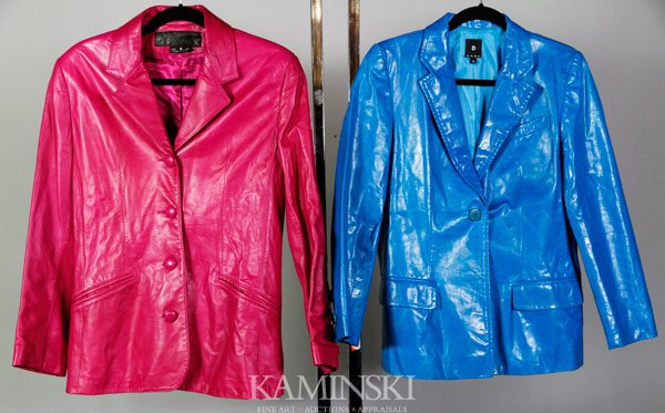 DKNY and Gifford Michael Leather Jackets: Two DKNY and Gifford Michael leather jackets, teal and magenta, size 8.