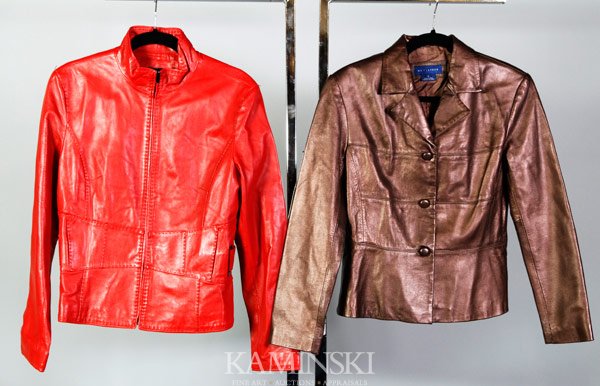 2 Leather Jackets: Two leather jackets, one My Clothes, metallic bronze 3 button jacket, size small; one Sienna Studio red leather jacket, biker style with stitching detail, one pulled thread right shoulder, size large.