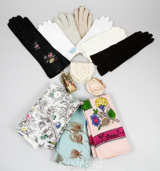 Lot of Gloves, Scarves, and Small Purses: 7 pairs of lady's gloves, materials include woven cotton, suede and leather, some made in Italy, some with original bags and tags, size 6 1/2; 3 silk scarves, one made in England for Neiman Marcus, on