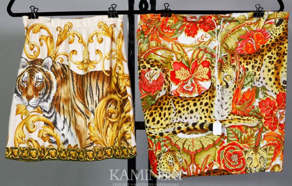 2 Salvatore Ferragamo Mini Skirts: Two Salvatore Ferragamo, mini skirts, cotton, jungle pattern, size large.