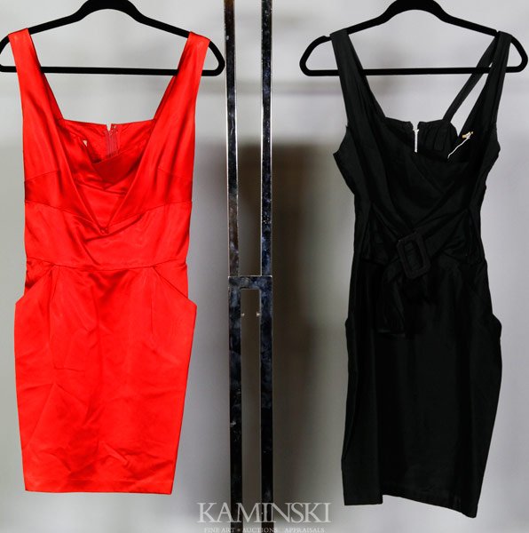 2 Alfred Shaheen Dresses: Two Alfred Shaheen dresses, one labeled "Alfred Shaheen - Honolulu - Lot 5953", deep red, shoulder straps, 1960's; other labeled "Alfred Shaheen - Honolulu", black belted cocktail dress, shoulder stra