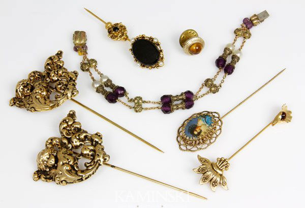 Lot of Vintage Smalls: Collection of antique and vintage smalls, to include: stick pins with ornate designs, double strand bracelet with faux pearl and amethyst beads, and tie pin by Jandy, marked Bates & B, 7"l.