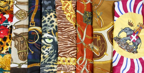 Assortment of 8 Scarves: Eight scarves with animal print and horse themes, labels include: Honey, and Symphony, average size 35"sq.
