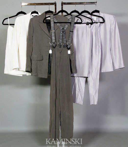 3 Women's Suits: Three women's suits, to include: DKNY white two piece suit with blazer and skirt size 2, Sue Wong gray two piece pant suit with matching plaid suspenders size small and Josephine Chaus three piece sui