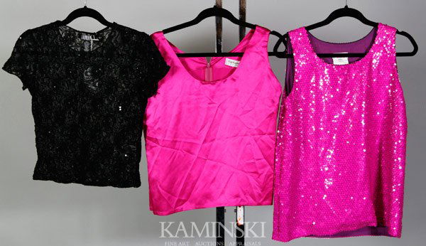 3 Designer Shells: Guy Laroche, sleeveless shell, purple, silk, size medium; Yves St. Laurent, sleeveless shell, purple sequin, polyester, size 10; Laundry by Shelli Segal, short sleeve shell black, lace beaded, nylon/r