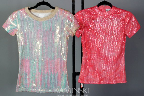 2 Neman Marcus and Marc Jacobs Sequin Tops: Neman Marcus, short sleeve sequin top, pink, rayon, size small; Marc Jacobs, crewneck t-shirt, pink iridescent sequins throughout, approximate size 10.