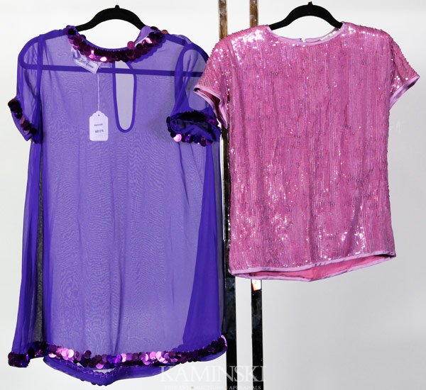 Richard Warren and Valentino Boutique Garments: Richard Warren Petites, Saks Fifth Avenue, short sleeve mini dress, purple, shear polyester, spangle trim, size 6; Valentino Boutique, short sleeve top, purple sequin, rayon, size 6.