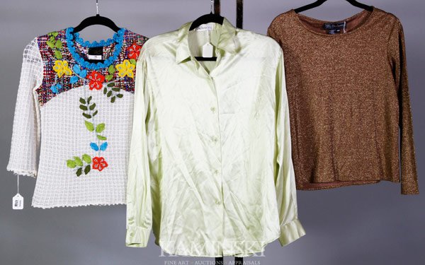 3 Burberry and Lacroix Tops: Two Burberry tops, to include: one long sleeve blouse, green silk, size 10; one long sleeve top, metallic bronze, size 14P; One Christian Lacroix "Paris" top, white with multi-color floral appliqué d