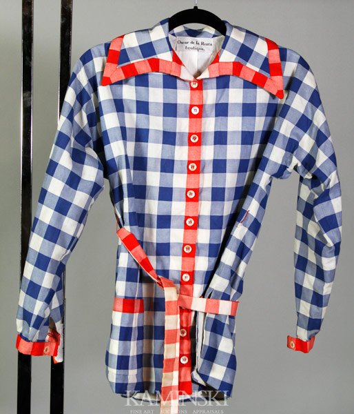 Oscar de la Renta Boutique Garden Coat: Oscar de la Renta Boutique, garden coat, blue, white and red checkered, size small.