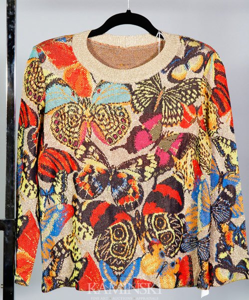 Missoni Knit Top: Missoni knit top, metallic gold thread with multi color butterfly pattern, 3/4 sleeve, crew neck, made in Italy, size approximate size 6