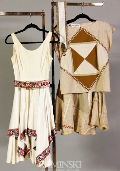 2 Bohemian Ensembles: Two Bohemian influenced pieces to include Alexis de Fursac matching skirt, top and belt, patchwork design with cotton and knit pieces, approximate size 8, two tiered dress with handkerchief hem, gathe