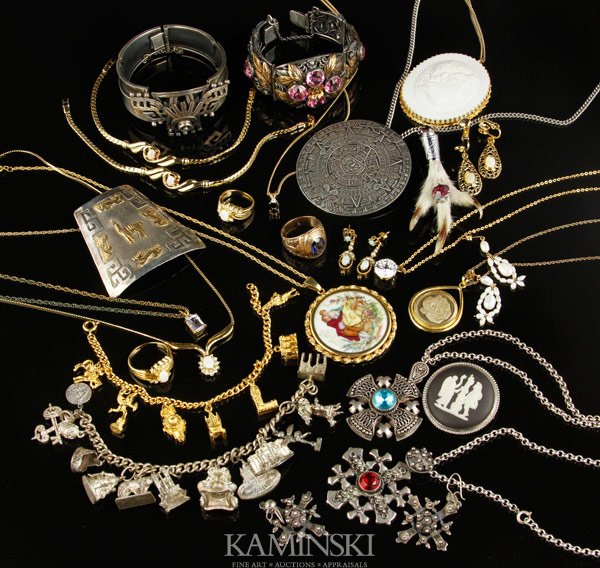 Vintage Costume Jewelry: Lot of marked or signed vintage jewelry, to include marked silver and gold, opal, onyx, amethyst and ruby, porcelain including Wedgwood and Limoges, includes a Scottish grouse claw pin as well as neck