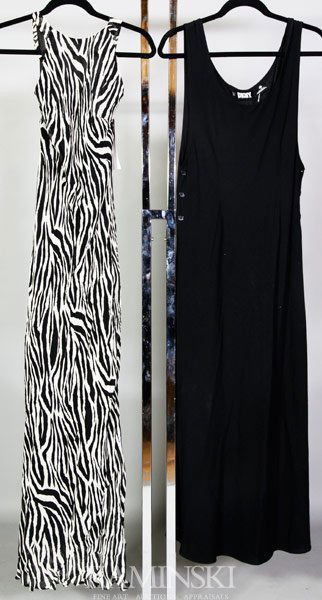 2 Slip Dresses: Two slip dresses, one DKNY black wool size 6, one Kamisato zebra pattern size 8, tags attached.