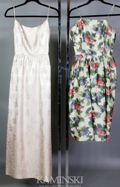 2 1960's Dresses: Two 1960's dresses, Lanz, blush with metallic thread detail, circa 1963, Sara Fredericks, floral with a-line full skirt, both approximately size 4/6.