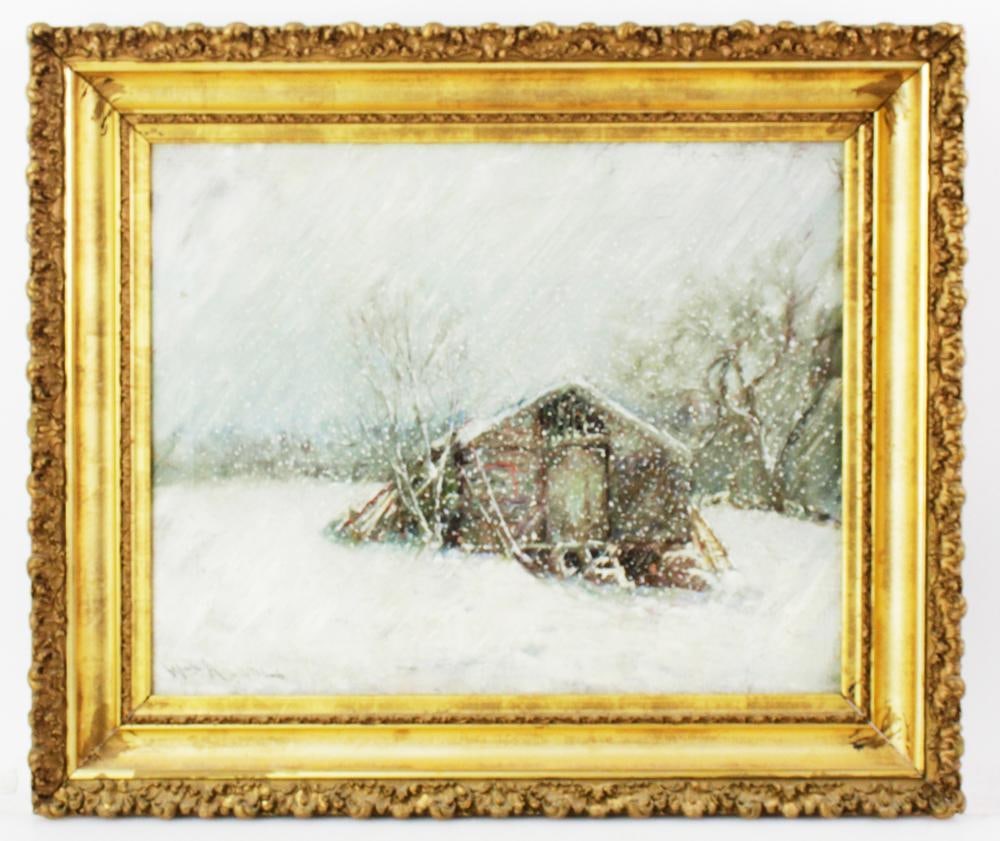 William Allerton, Snow Scene with Cabin: William Allerton, snow scene with cabin, oil on canvas, signed L/L, 16" x 20", framed 22" x 26". Provenance: Winthrop, Massachusetts collection.