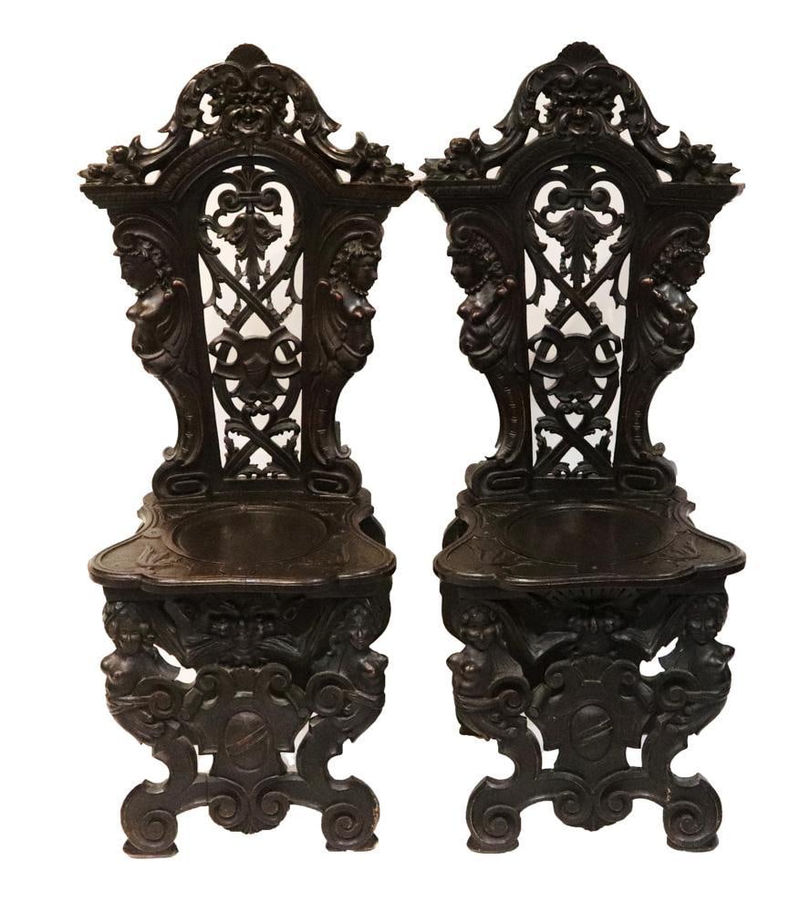 Pair of 19thC Italian Carved High-Back Chairs (1 of 7)