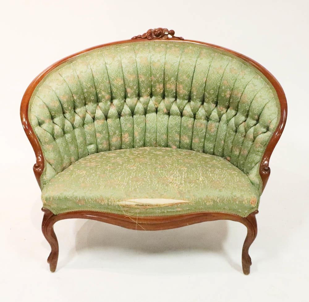 Victorian-Style Gone with the Wind Settee: Victorian-style Gone with the Wind upholstered settee, 36" H x 45" W x 30" D. Provenance: Palm Beach, Florida estate.