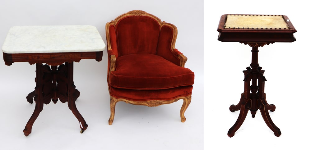 French Chair and Victorian Tables: French chair and two Victorian tables, 30" H x 28" W x 20" D. Provenance: Boston, Massachusetts collection.