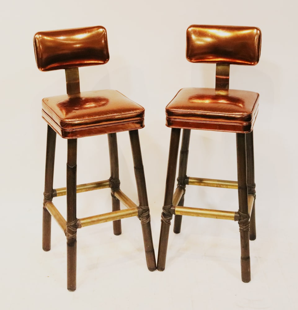 Pair of 1970s/80s Bar Stools: Pair of 1970s/80s bar stools in copper color upholstery. Provenance: Brookline, Massachusetts collection.