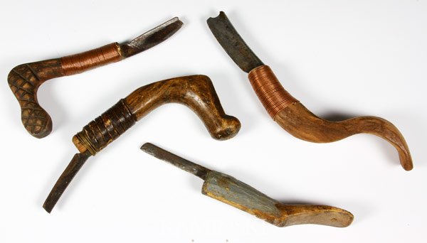 4 19th/20th C. Penobscot Tribe Knives: Lot of four 19th/20th century Penobscot tribe basket making crooked knives, largest 9"l. Used wear.
