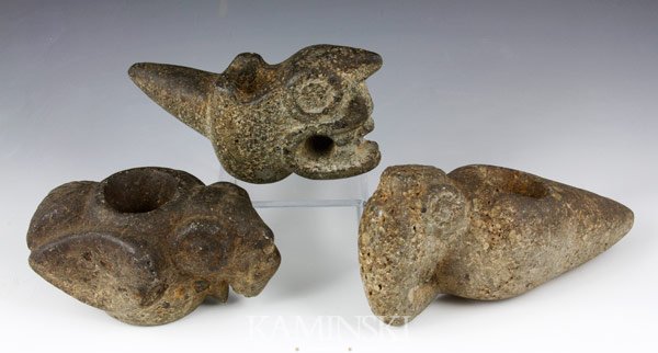 Lot of 3 Pre-Columbian Stone Artifacts: Lot of three Pre-Columbian stone artifacts, used as weapons or in ceremonial rituals, animal designs, good patina, 3 1/2" x 7".