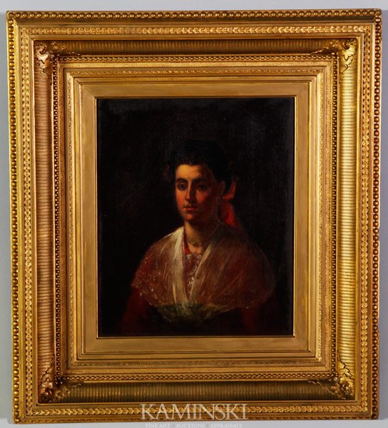 Wright, Portrait of a Woman, O/B: Moses Wright (American, 1827-1895), portrait of a woman, oil on board in gilt frame, information verso: 'This portrait was painted in 1868 from the Eldridge estate and is one of the Eldridge women of 