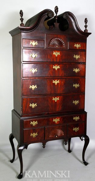 New England Queen Anne Highboy: Early New England, Queen Anne highboy, mahogany, 83"h x 36"w x 17 3/4"d.