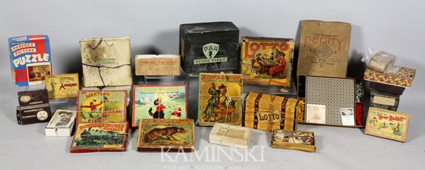 Collection of Puzzles and Games: Collection of puzzles and games to include: twelve (12) wood puzzles (some Parker Brothers), six (6) cardboard puzzles (one Parker Brothers, some McLoughlin Brothers), six (6) games (mostly Parkers Br