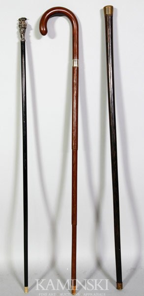 Three Walking Sticks: Three walking sticks, one umbrella cane, 35 1/2", second palm wood with horn knob walking stick, 35", third embracing knights silvered bronze knob walking stick, 34 1/2". Nick to end of second.