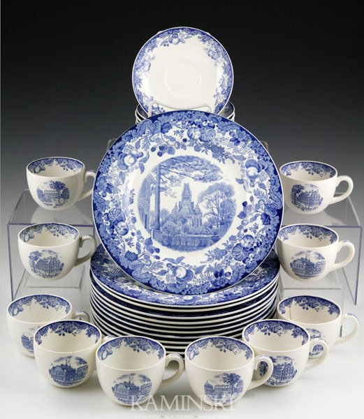 Partial Wedgwood Dinner Service: Partial Wedgwood blue and white transfer dinner service, Harvard University, to include twelve 10 1/2"plates (one with rim chip), nine 5 3/4" saucers, and ten 3 3/8"dia x 2 3/8"h cups (one with hairli