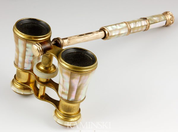 Lemaire Opera Glasses: Opera glasses, gold plated with mother of pearl, signed Lemaire Paris, 7 1/2" x 3 3/4".