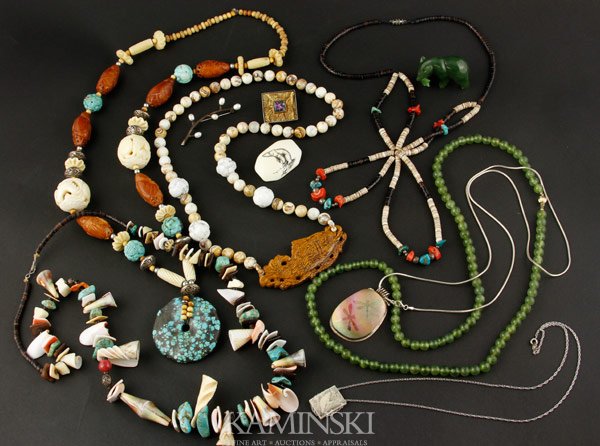 Miscellaneous Jewelry Lot: Miscellaneous jewelry lot to include carved jade bear, Alaskan jadeite, 2"l x 1 1/4"h; sterling pin/pendant with colored glass insert and aesthetic style gold plate background, signed indistinctly, 1 