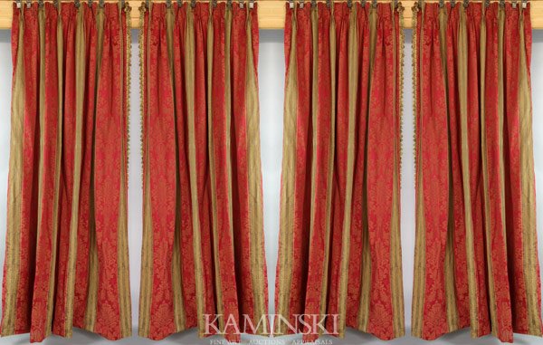 2 Pairs of Damask Striped Drapes: Two pairs of burgundy and bronze damask striped drapes, two matching cornice boards included, 103 1/2"l x 40"w (drapes), 16 1/2"h x 58"w x 10"d (cornice boards).