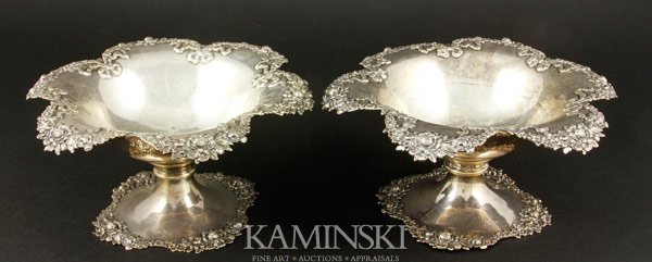 Pair of Sterling Compotes: Pair of Black, Starr & Frost sterling silver compotes, 4"h x 7 7/8"dia, approximately 21.1 troy oz tw.