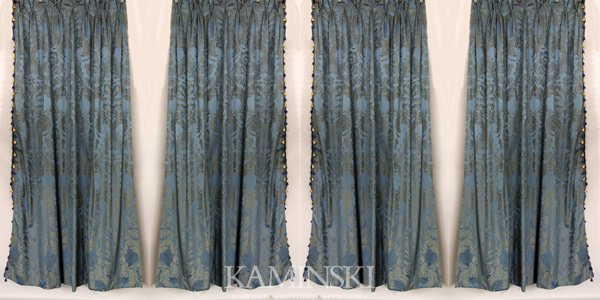 2 Pairs of Blue Damask Fortuny Style Drapes: Two pairs of blue damask fortuny style pattern drapes, having matching cornice boards, 103 1/2"l x 40"w (drapes), 16 1/2"h x 58"w x 10"d (cornice boards).