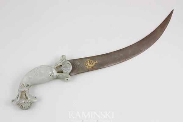 Indian Mughal Dagger: Indian Mughal dagger, carved jade handle and engraved blade, 17 5/8"l, 12"l blade.